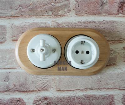 China Safety Porcelain Vintage Wall Mounted Switch Socket With Wood Frame for sale