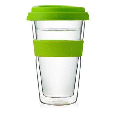 China Sustainable Hand Blown Borosilicate Double Wall Drinking Glass Cup With Silicone Lid for sale