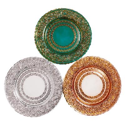 China Sustainable Green And Gold Lace Glass Charger Plate,Plate Charger Galvanized for sale