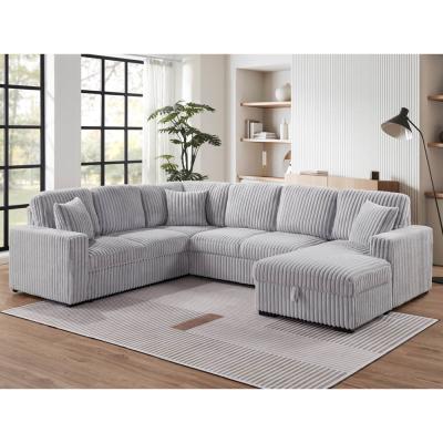 Chine Canapé couchage en forme de U avec lit et rangement à étirer Chaise de salon et port de recharge USB, tissu gris en velours à vendre