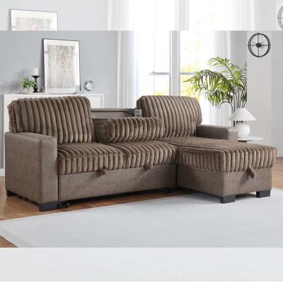 China Sofá de cama seccional reversible en forma de L con cama extraíble y mesa y almacén, de tejido marrón y marrón oscuro en venta