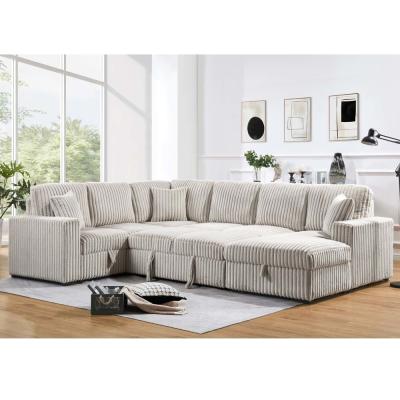 China U-förmiges Schlafsofa mit ausziehbarem Bett und Lagerungssessel Wohnzimmer und Lagerung Liebessitz und USB-Ladeanschluss, Khaki Corduroy Stoff zu verkaufen