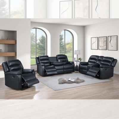 China Recliner sofa set met drop-down tafel en opslagdoos, zwart ademend leer Te koop