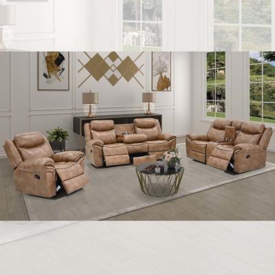 China Recliner sofa set met drop-down tafel en lade en opslagdoos, bruin stof-achtig vinyl Te koop