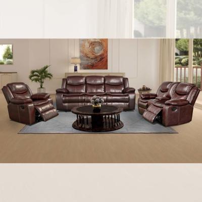 China Recliner sofa set met drop-down tafel en opslagdoos, bruin ademend leer Te koop