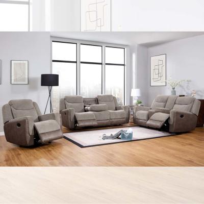 China Recliner sofa set met drop-down tafel en opslagdoos, lichtbruin & bruin stof Te koop