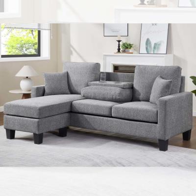 China Sofá seccional en forma de L con mesa desplegable y silla reversible y 2 almohadas, chenilia gris en venta