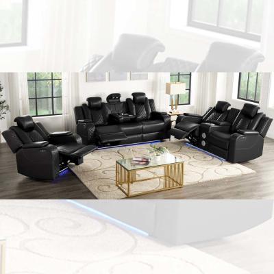 China Power Recliner Sofa set met Power Recliner Seats en Power Headrests en Dropdown Table en Bluetooth Audio Speaker en Storage Box en Storage Arms en LED Light, Black Breathable Leatherette Te koop