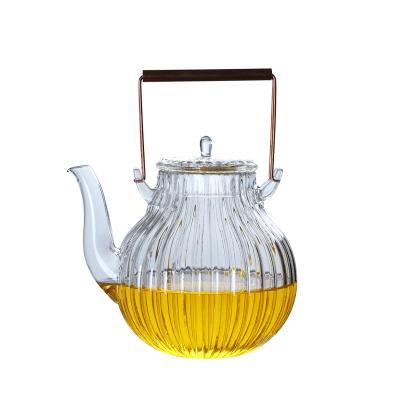 China Sustainable Mouthblown Borosilicate Glass Teapot Set with Cooper Handle and Glass Lid for sale