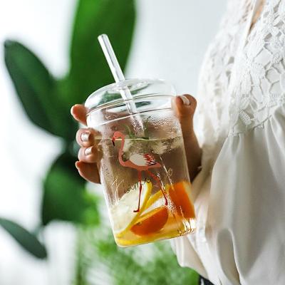 China Sustainable Borosilicate Glass Drink Cup With Glass Cover , Glass Ice Cup With Straw for sale