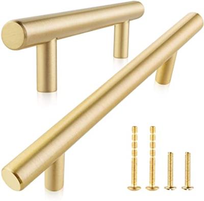 China Easy Installation Solid Brushed Brass T Bar Cabinet Handles 3-Inch Center Hole Copper Hardware Kitchen Drawer Dresser Cupboard Pulls for sale