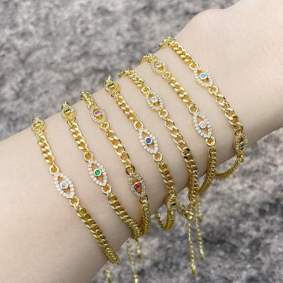 China Simple Design Evil Eye Zircon Woman Charm Bracelet Nickel Free Gold Plated Cuban Eye Cuban Chain Bracelet Dubai Turkey for sale