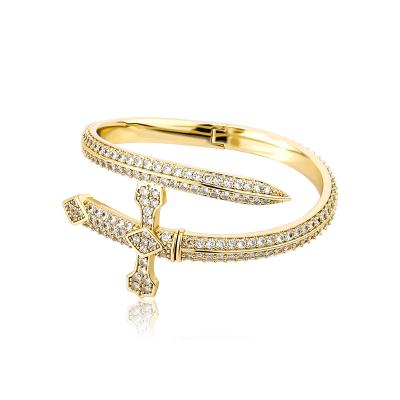 China Retro Full CZ Sword Lead Free Nickel Free Zircon Hip Hop Sword Of Justice Bangle Gold Cross Bangle Bracelet Jewelry For Women Men for sale