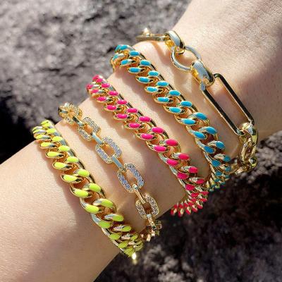 China Rainbow Boho Hip Hop Cuban Link Chain Bracelet Gold Multicolor Lead Free Nickel Free Enamel For Women Men Jewelry for sale