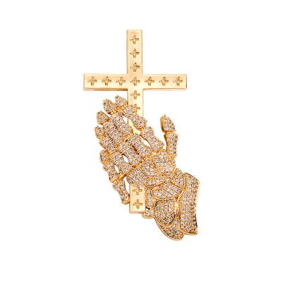 China 2022 Cross Prayer Hip Hop Lead Free Nickel Free Gesture Pendant Iced Out Micro Pave Bling CZ Zircon Pendant Necklace Chain Jewelry for sale