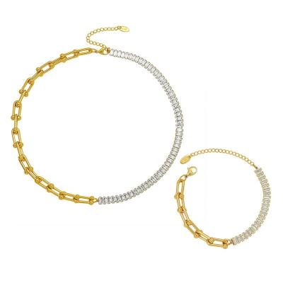 China U Shaped Horseshoe Metal Nickel Free Hip Hop Rectangle Zirconia Bracelet Necklace 18k Gold Stainless Steel Women Jewelry Set for sale