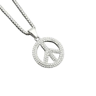 China TRENDY Gold Plated Diamond War Resistant Peace Sign Zircon Necklace Hip Hop Pendant Jewelry Without Full Stainless Steel Faded for sale