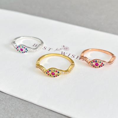 China CLASSIC Paved Colorful CZ 18K Gold Plating Evil Eye Rings Women Jewelry Gift Girls Stacking Accessories for sale