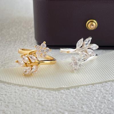 China 2022 CLASSIC Fashion Real Full CZ 18K Gold Leave Ring Adjustable Open Cubic Zircon Leaf Ring For Women for sale