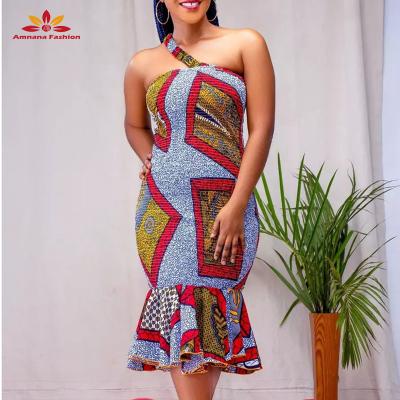 China 2021 Cotton Fashion Elastic African Ankara Wax Print Flared Bottom Dress Bodycon Stretch Dresses for sale