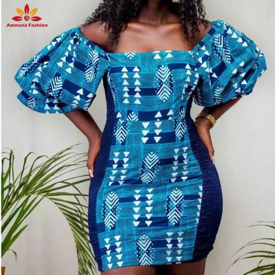 China Cotton 2021 Hot Selling African Mid Sleeve Dress Wax Print Ankara Sides Stretch Evening Dresses for sale