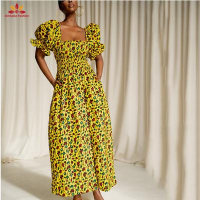 China New Arrival 2022 African Cotton Print Smocked Maxi Dress Smocked Bodice Puffy Sleeves Can Be Worn On Or Off Shoulder Ankara Dress for sale