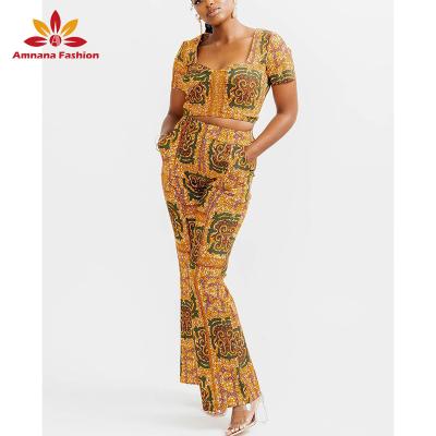 China New Two Pieces Clothing Set Factory Wholesale African Print Ladies High Waist Wax Fashion Wax Leg Casual Wide Leg Pants And Main for sale