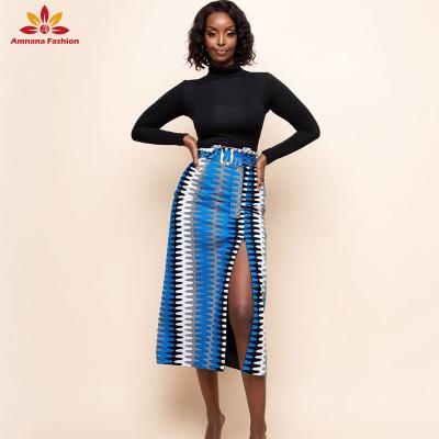 China Hot Sale African Print Cotton Mid - Maxi Skirt With Matching Invisible Zipper Slit Belt High Quality Clothing for sale