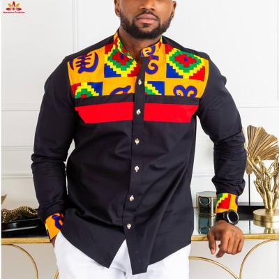 China Cotton 2021 african wax print patchwork tangerine collar shirts for men | African shirt for men - black collar band shirt for sale