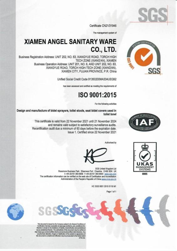 ISO9001 - Xiamen Angel Sanitary Ware Co., Ltd.