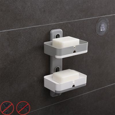 China Hot Selling Adhesive Mountable Adhesive ABS Double Layer Bathroom Wall Drain Hanging White Plastic Soap Bar Holder for sale