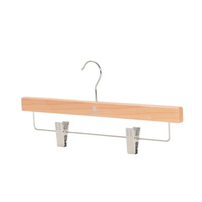 China Space Saving Natural Solid Wood Trouser Racks Flat Head Square Stick Trouser Metal Clip Hanger for sale