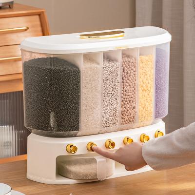 China Sustainable New Rice Dispenser storage box container 6 grid Cereals and Grain Bucket Dry Food Storage Container for sale