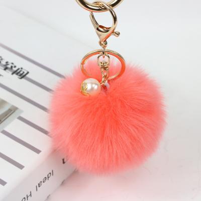 China Bamboo / Wool Faux Fur Rabbit Ball Pom Pom Keychain 8cm Puff Ball for sale