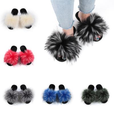 China Fashion Trend New Fox/Faux Fur Slippers Women Fashion Style Slides Summer Outdoor Flip Flops Flat Faux Fur Sandals for sale