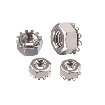 China Stainless Steel Mining Hex Sprocket Locknuts Pop Up kep Teeth Decor k Spining Cap Nut for sale