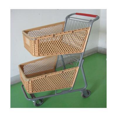 China Easy-carrying 2 Layers Plastic Shopping Trolley Trolley Plastic Supermarket Shopping Trolley With Double Basket for sale