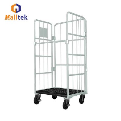 China Save Space Wire Mesh Steel Metal Plastic Base Collapsible Roll Container Trolley For Warehouse for sale