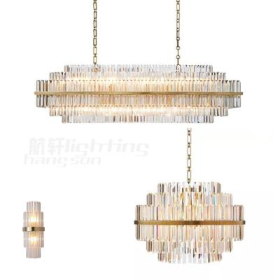 China Modern Decorative Round Pendant Hanging Lighting and Fixture Modern Rectangular Gold K9 Crystal Dining Room Chandelier Lamps for sale