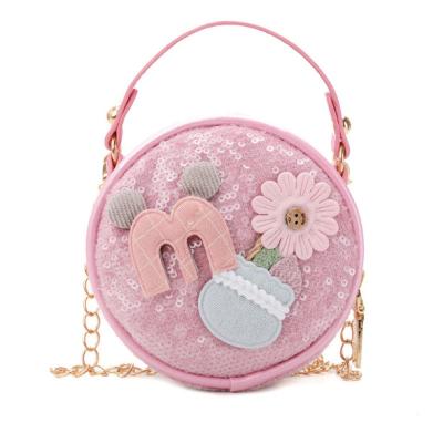 China Fashion Sequin PU Flower Cute Letter Round Shoulder Bags Cross -Body For Kids Girls Handbag Messenger Lady Bag for sale