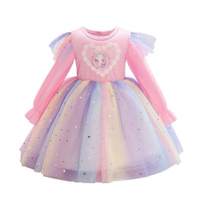 China Breathable spring and summer unicorn birthday flying sleeve rainbow sequin mesh princess long dress for kids for sale