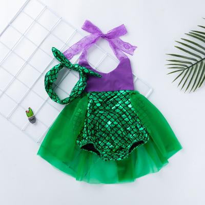 China Hotel party bathroom gift girl mermaid romper summer home outfits set 2pcs lace halter ruffle tutu skirt jumpsuit swimsuit with headband for little baby for sale