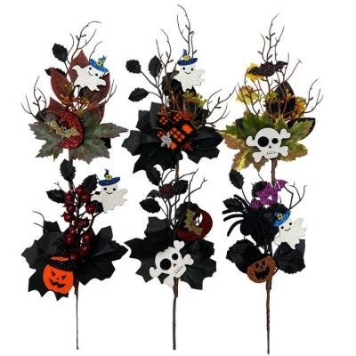 China Silk fabric. Plastic. Black Yarn Halloween Decorations Artificial Plants Maple Leaf Berry Pumpkin Pick For Halloween Home Indoor Decoration for sale