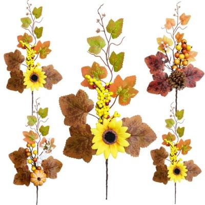 China Holiday Home Decor Thanksgiving 2023 Artificial Maple Leaf Branches Berry Pine Cone Pumpkin Sunflower Picks Decoration Halloween Home Party for sale