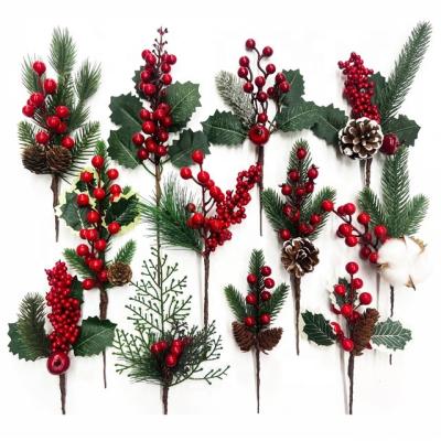 China Pvc.Natural pine cone. Artificial Simple Christmas Tree Throw Berry Pine Needles Branches Silk Fabric Stems Picks Pine Needle Branches For Christmas Decoration for sale