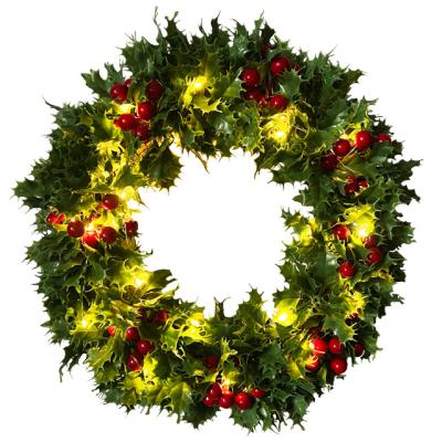 China 2023 Plastic Christmas Wreath with Artificial Red Berry Christmas Lights Garland for Front Entrance Christmas Wreaths and Garlands for sale