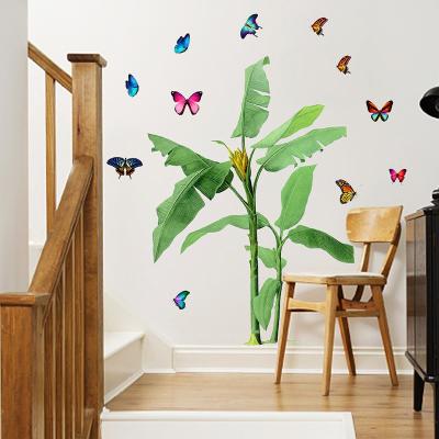 China Waterproof+Eco-friendly Green Plants With Colorful Butterfly PVC Frosted Bedroom Wholesale Decoration Sticker Custom Living Room Wall Sticker for sale