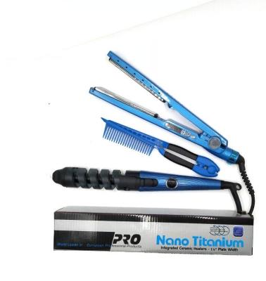 China Hotel 3 in 1 Dual Voltage Digital Nano Flat Iron Pro 1 1/4' Titanium Plated Hair Straightener and Hair Curler Hair Comb Set for sale