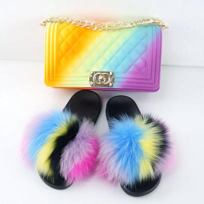 China Fashion Trend Lovely Fox Fur Real Fur Shoes Slides Women Slippers Freeze Bag Pussy Pack Fur Slides With Purse Set for sale