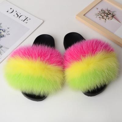 China Real Raccoon Fox Logo Sandals Real Raccoon Fox Fur Ladies Slippers Soft Fluffy Thick Fur Slides Custom Fancy Wholesale Fur Slides for sale